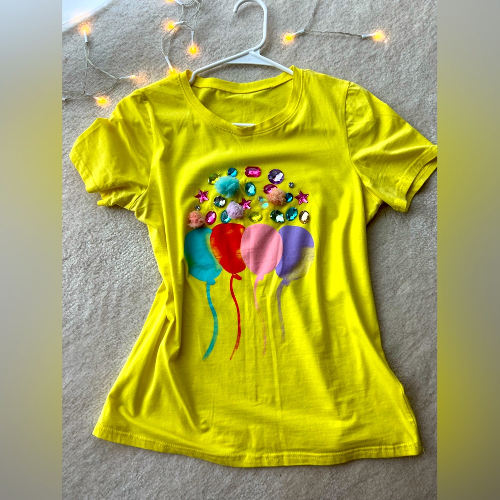Zara Bright Yellow T-Shirt, Large Sparkles Decorations, Colorful Balloons